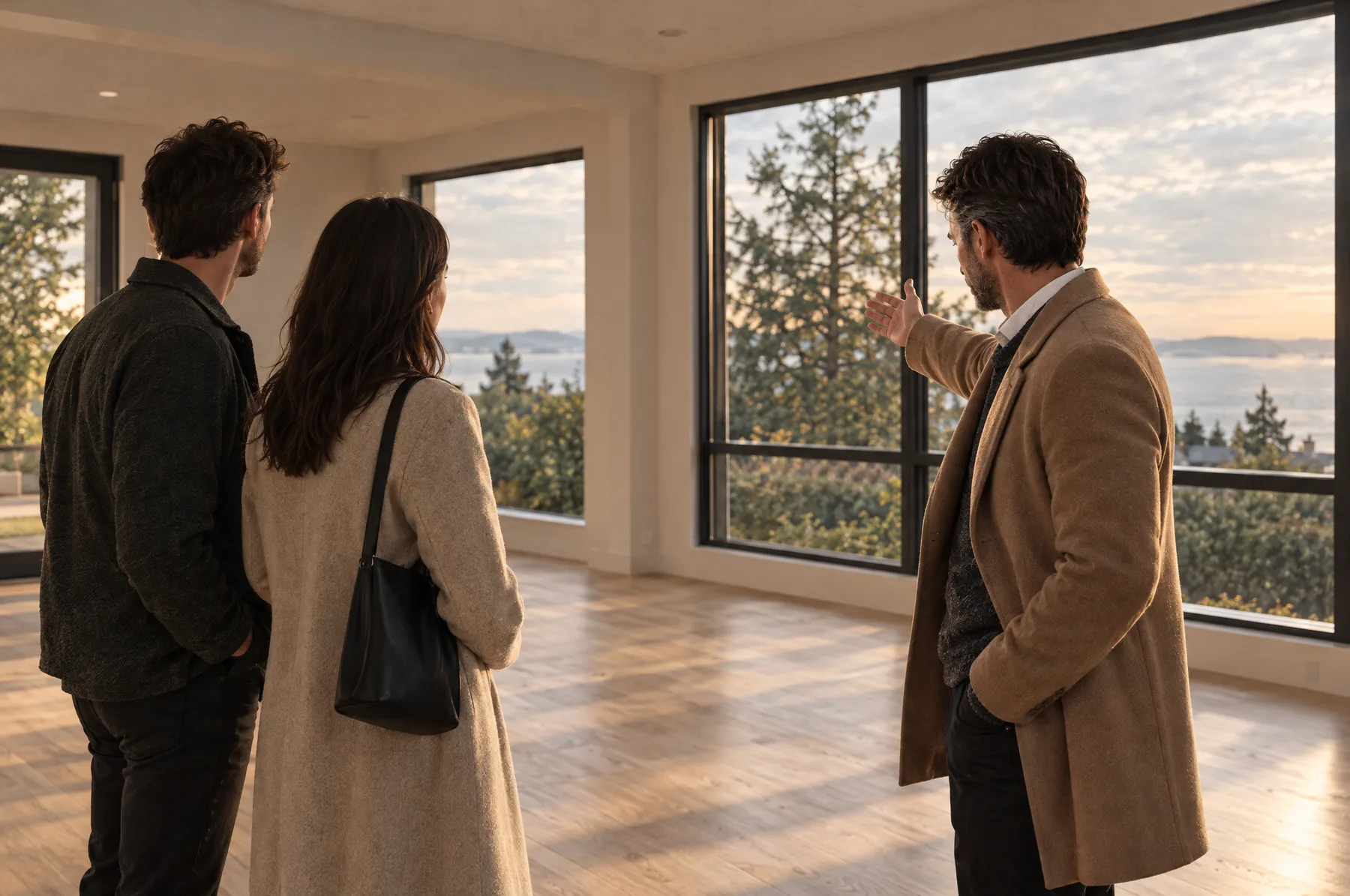 A real estate agent showing a young couple around a bright, empty living room with sea views.