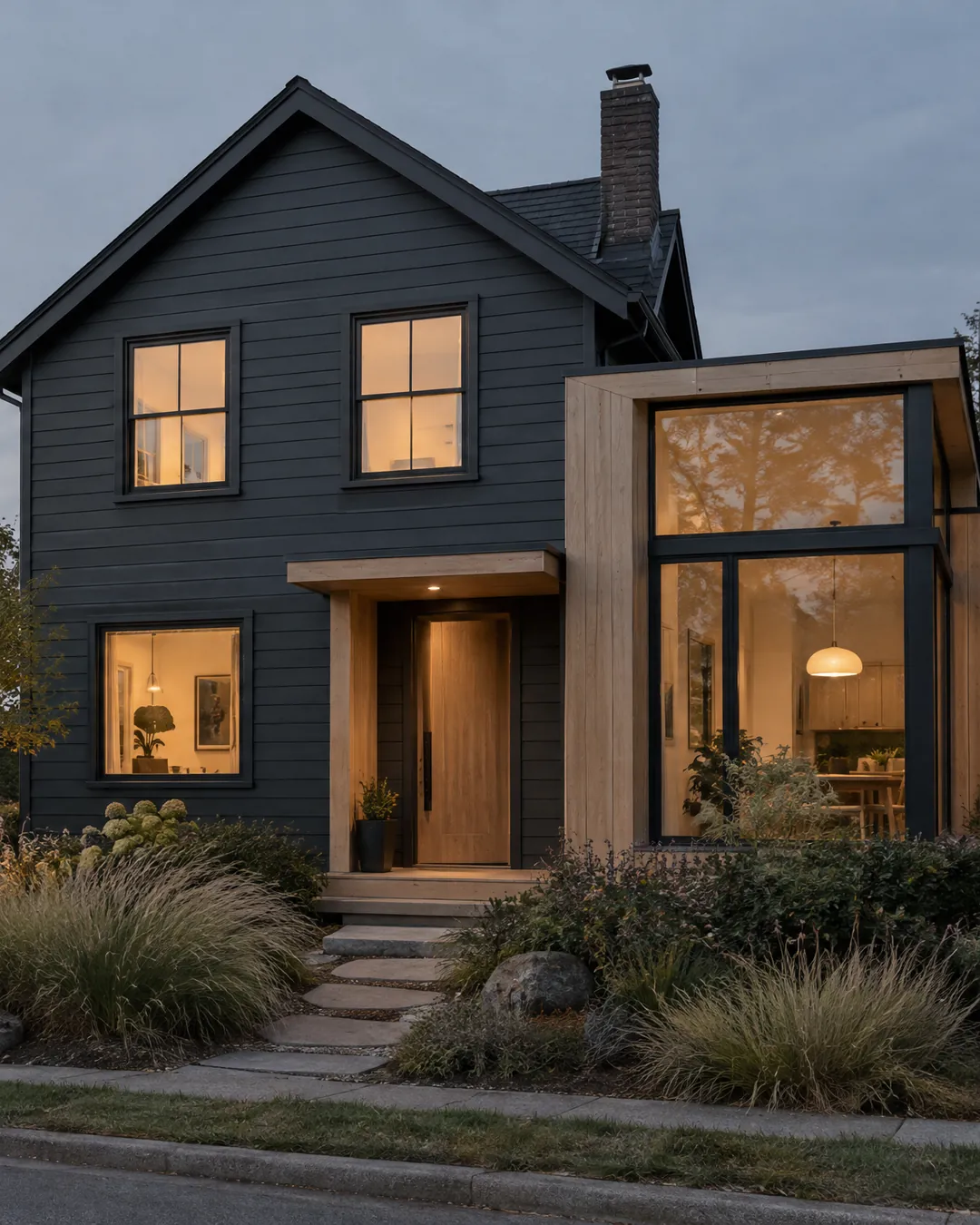 A renovated charcoal clapboard house at dusk, its front door and windows lit.