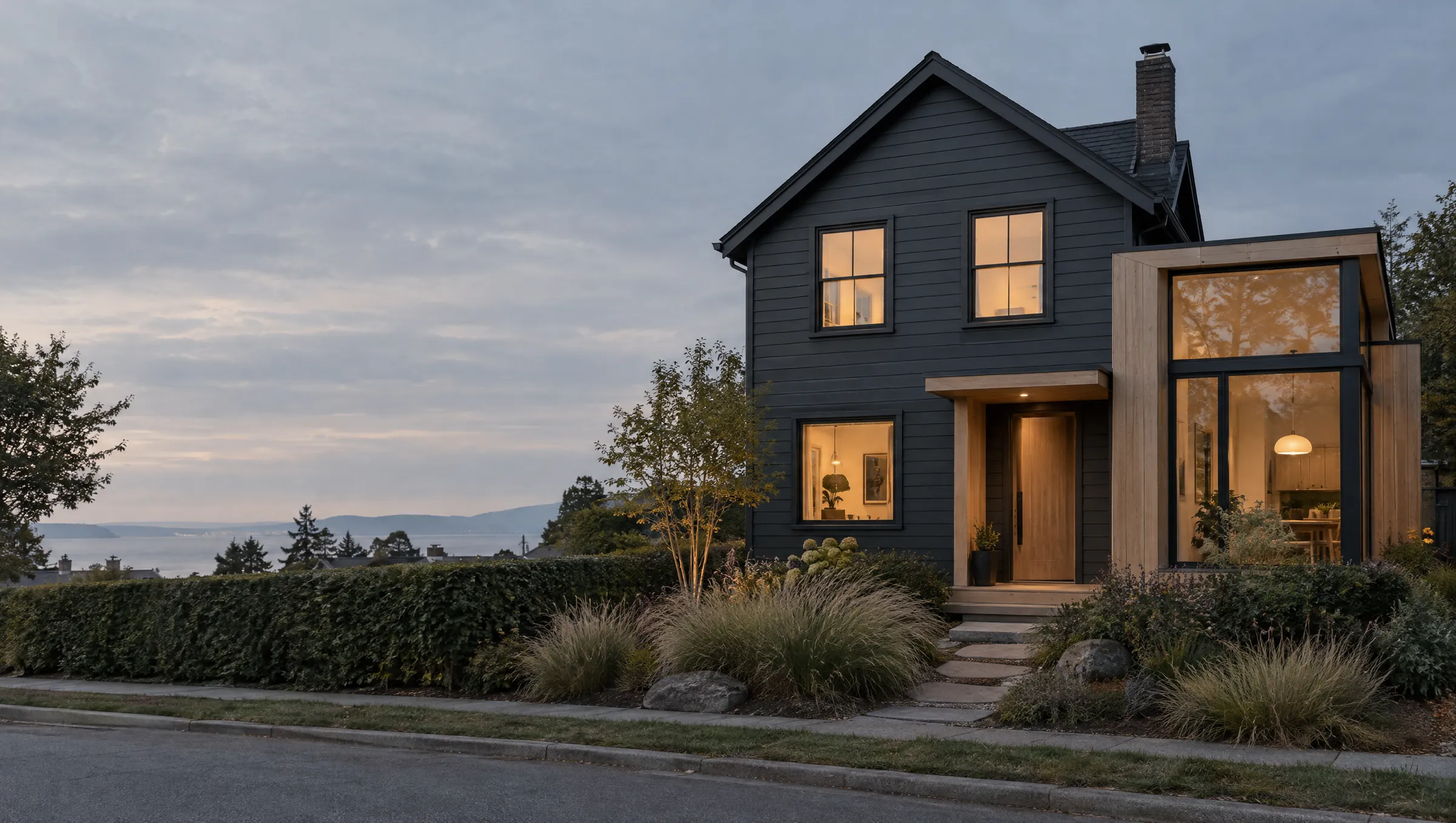 A renovated charcoal clapboard house with a white-oak extension at dusk, its windows lit, the sea behind.
